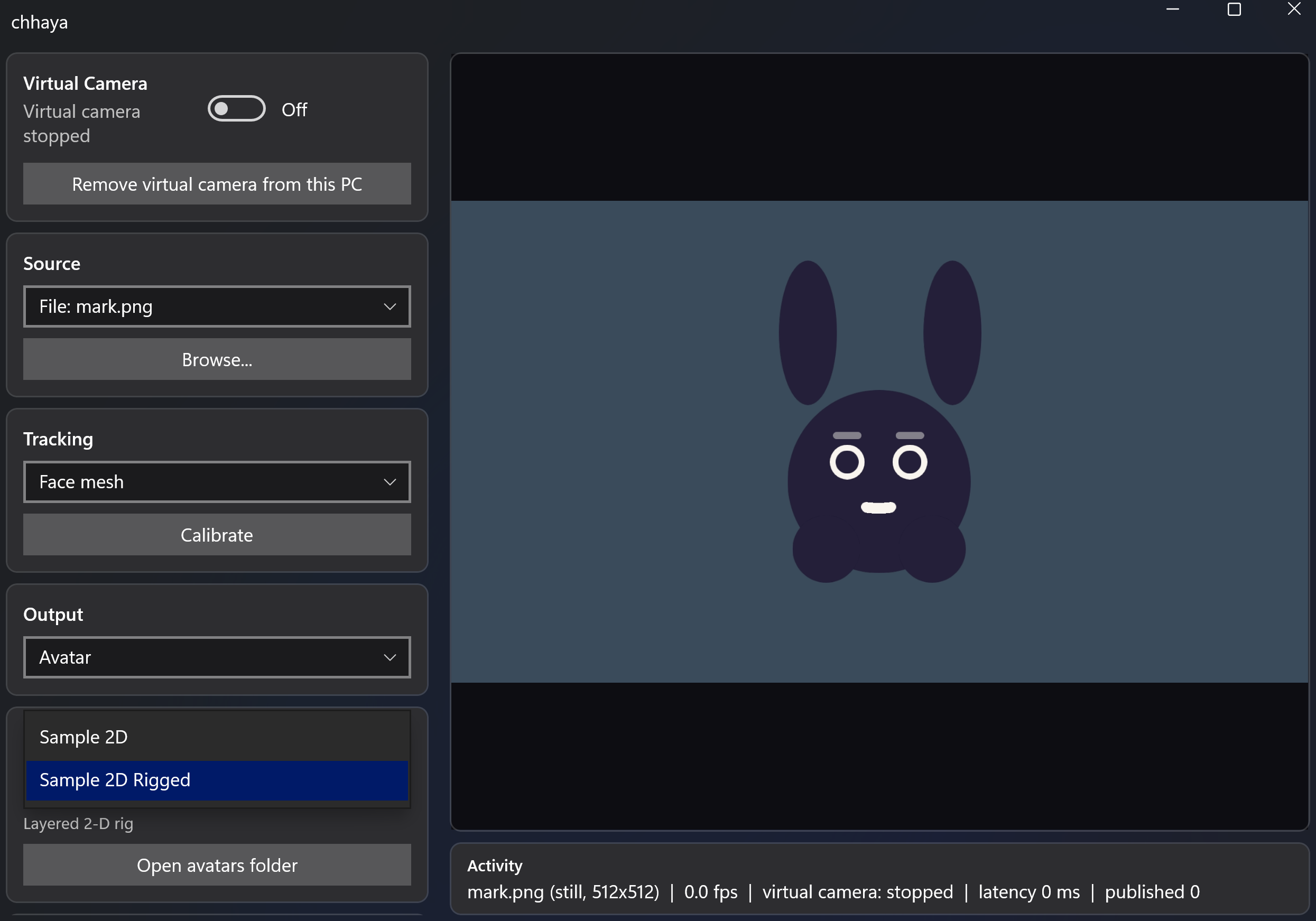 Chhaya avatar controls with a sample two-dimensional character in the preview