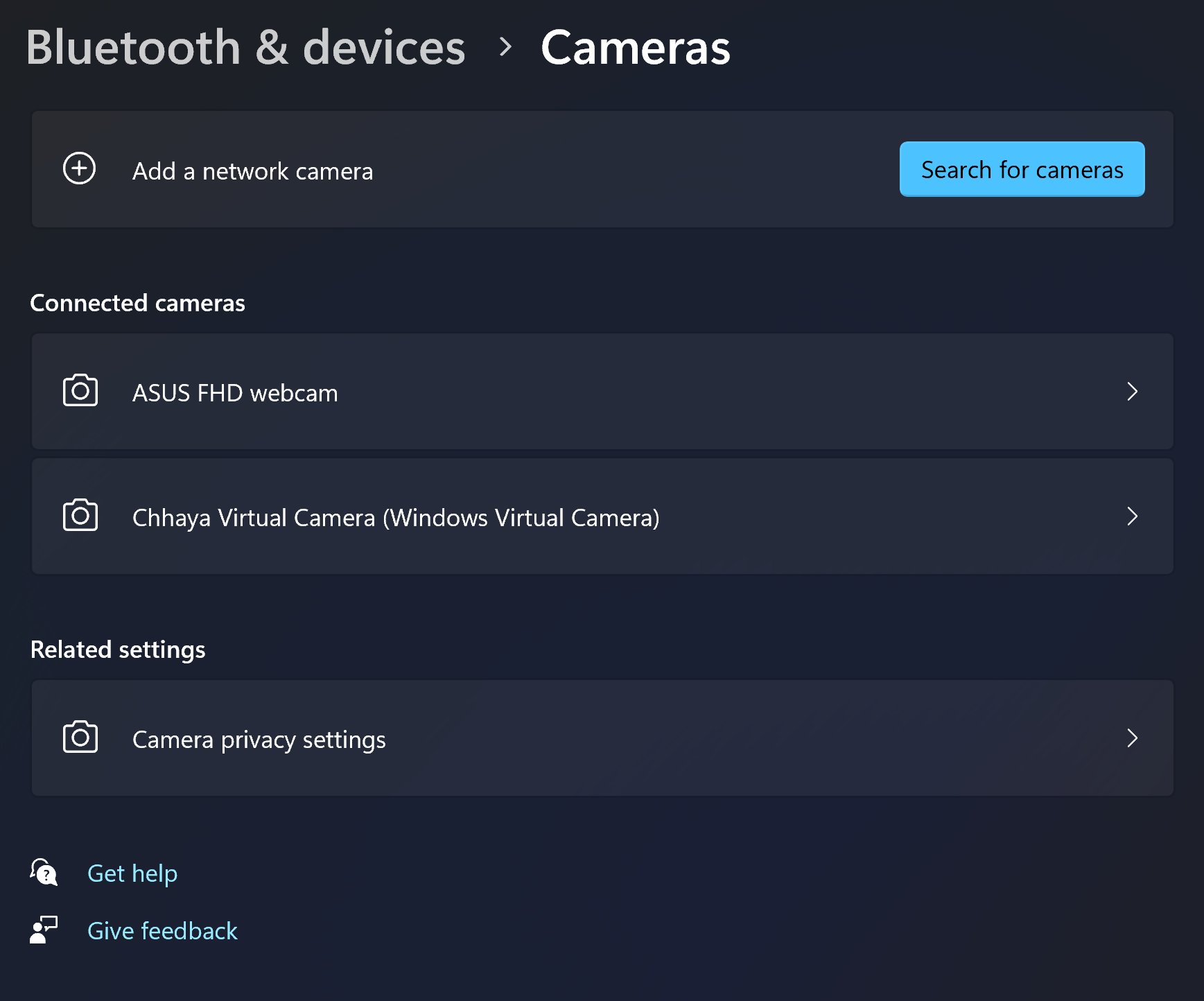 Windows camera settings listing Chhaya as a connected camera